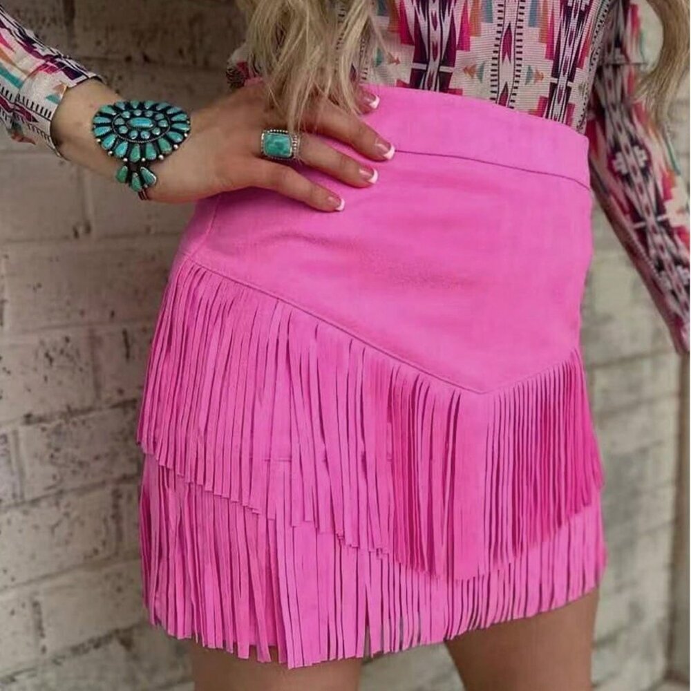 Hot Pink Elegant Women's Faux Suede Layered Fringe Mini Skirt